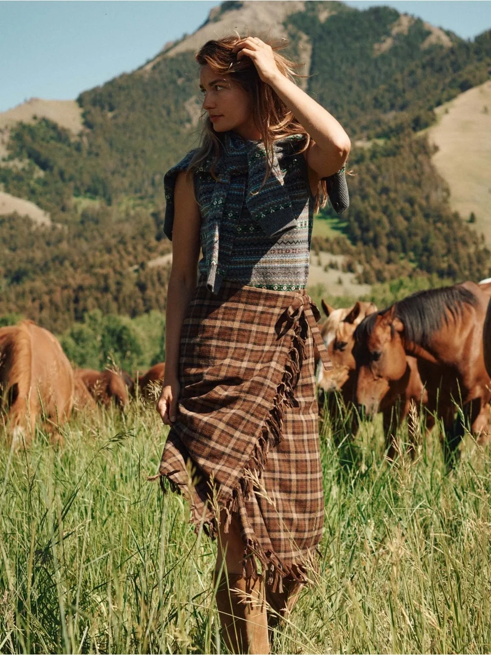 NWT Saskia Brown Wool Plaid Fringe Midi Skirt - Doen Heirloom - Picture 2 of 6